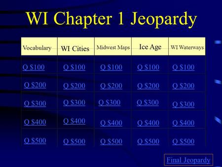 WI Chapter 1 Jeopardy Vocabulary WI Cities Midwest Maps Ice Age WI Waterways Q $100 Q $200 Q $300 Q $400 Q $500 Q $100 Q $200 Q $300 Q $400 Q $500 Final.