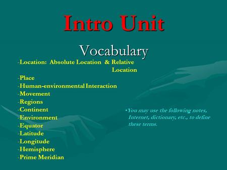 Intro Unit Vocabulary Location: Absolute Location & Relative Location