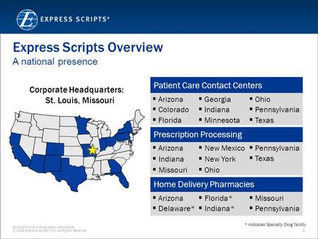 Confidential and Proprietary Information © 2010 Express Scripts, Inc. All Rights Reserved 1 Express Scripts Overview A national presence Patient Care Contact.