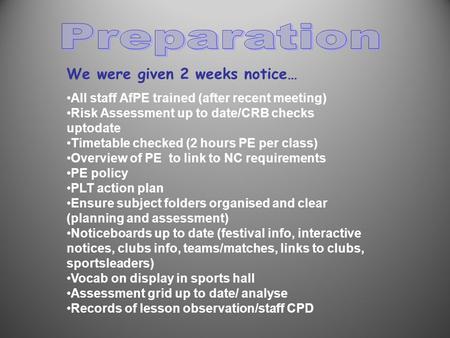 We were given 2 weeks notice… All staff AfPE trained (after recent meeting) Risk Assessment up to date/CRB checks uptodate Timetable checked (2 hours PE.