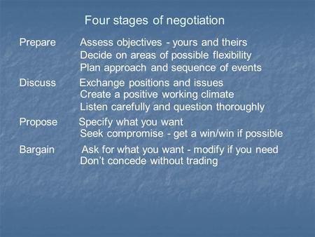 Four stages of negotiation Prepare Assess objectives - yours and theirs Decide on areas of possible flexibility Plan approach and sequence of events Discuss.