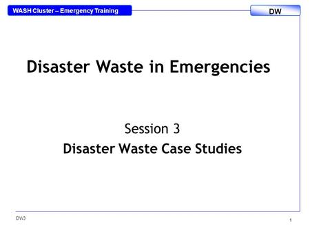 WASH Cluster – Emergency Training DW DW3 1 Session 3 Disaster Waste Case Studies Disaster Waste in Emergencies.