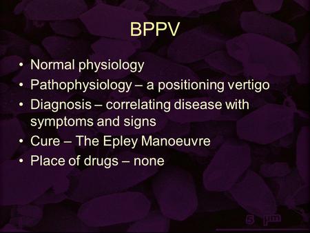BPPV Normal physiology Pathophysiology – a positioning vertigo Diagnosis – correlating disease with symptoms and signs Cure – The Epley Manoeuvre Place.