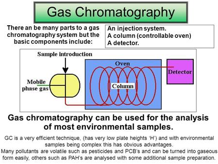 Gas Chromatography There an be many parts to a gas chromatography system but the basic components include: An injection system. A column (controllable.