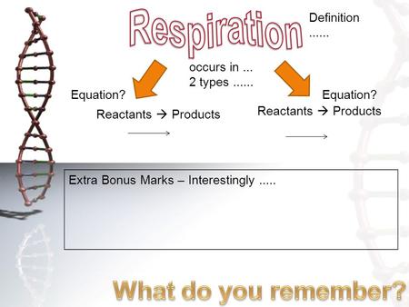 Occurs in... 2 types...... Definition...... Equation? Reactants  Products Extra Bonus Marks – Interestingly.....