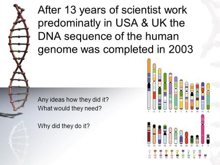 After 13 years of scientist work predominatly in USA & UK the DNA sequence of the human genome was completed in 2003 Any ideas how they did it? What would.