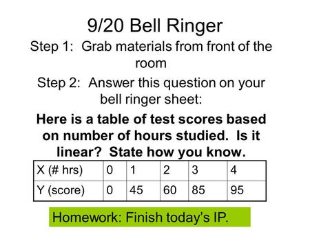 9/20 Bell Ringer Step 1: Grab materials from front of the room Step 2: Answer this question on your bell ringer sheet: Here is a table of test scores based.
