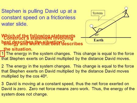 1 The energy in the system changes. This change is equal to the force that Stephen exerts on David multiplied by the distance David moves. 2 The energy.
