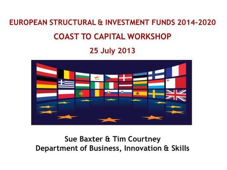 EUROPEAN STRUCTURAL & INVESTMENT FUNDS 2014-2020 COAST TO CAPITAL WORKSHOP 25 July 2013 Sue Baxter & Tim Courtney Department of Business, Innovation &
