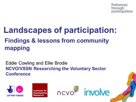 Landscapes of participation: Findings & lessons from community mapping Eddie Cowling and Ellie Brodie NCVO/VSSN Researching the Voluntary Sector Conference.