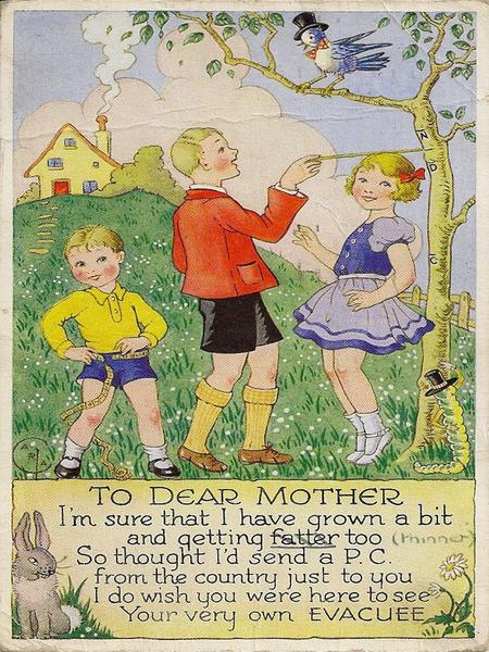  What does this postcard say about life in the country for evacuees?  What does it suggest about life as an evacuee?  What are the older boy and girl.