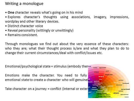 Writing a monologue One character reveals what's going on in his mind