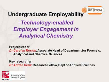 Undergraduate Employability -Technology-enabled Employer Engagement in Analytical Chemistry Project leader: Dr Carolyn Morton, Associate Head of Department.
