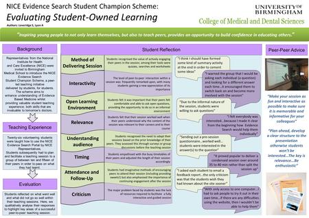 Criticism NICE Evidence Search Student Champion Scheme: Evaluating Student-Owned Learning Teaching Experience Background Peer-Peer Advice Evaluation “
