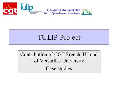 TULIP Project Contribution of CGT French TU and of Versailles University Case studies.