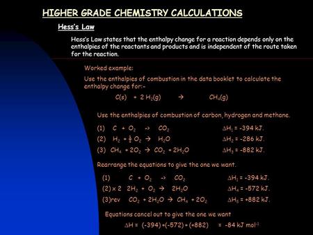 HIGHER GRADE CHEMISTRY CALCULATIONS Hess’s Law Hess’s Law states that the enthalpy change for a reaction depends only on the enthalpies of the reactants.