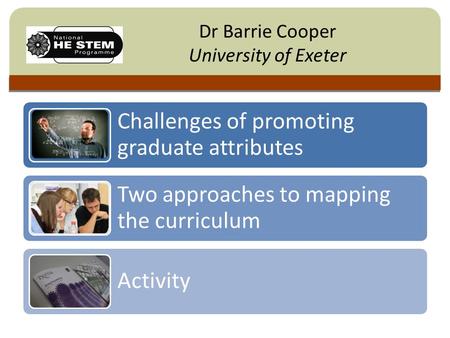 Click to edit Master title style Dr Barrie Cooper University of Exeter Challenges of promoting graduate attributes Two approaches to mapping the curriculum.