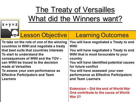The Treaty of Versailles What did the Winners want? Lesson ObjectiveLearning Outcomes To take on the role of one of the winning countries in WWI and negotiate.