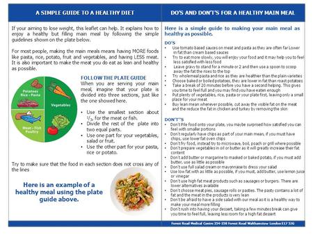 A SIMPLE GUIDE TO A HEALTHY DIET DO’S AND DON’T’S FOR A HEALTHY MAIN MEAL Forest Road Medical Centre 354-358 Forest Road Walthamstow London E17 5JG If.