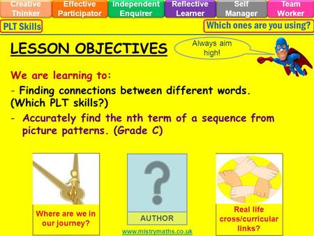 We are learning to: - Finding connections between different words. (Which PLT skills?) -Accurately find the nth term of a sequence from picture patterns.