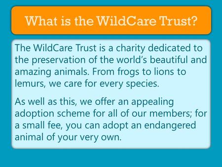 About Us What is the WildCare Trust? The WildCare Trust is a charity dedicated to the preservation of the world’s beautiful and amazing animals. From frogs.