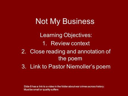 Not My Business Learning Objectives: Review context