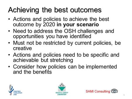 Achieving the best outcomes Actions and policies to achieve the best outcome by 2020 in your scenario Need to address the OSH challenges and opportunities.