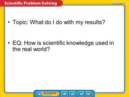 Topic: What do I do with my results? EQ: How is scientific knowledge used in the real world?