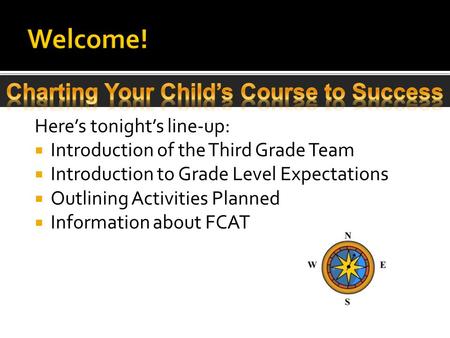Here’s tonight’s line-up:  Introduction of the Third Grade Team  Introduction to Grade Level Expectations  Outlining Activities Planned  Information.