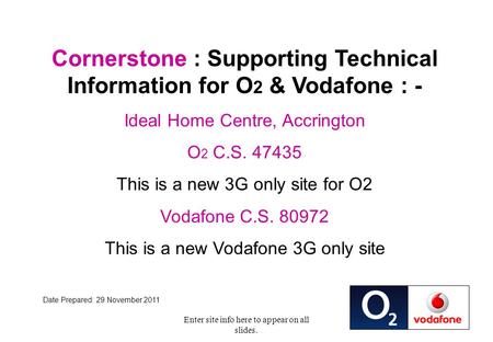 Enter site info here to appear on all slides. Cornerstone : Supporting Technical Information for O 2 & Vodafone : - Ideal Home Centre, Accrington O 2 C.S.