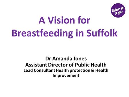 A Vision for Breastfeeding in Suffolk Dr Amanda Jones Assistant Director of Public Health Lead Consultant Health protection & Health Improvement.