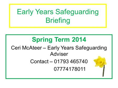 Early Years Safeguarding Briefing Spring Term 2014 Ceri McAteer – Early Years Safeguarding Adviser Contact – 01793 465740 07774178011.
