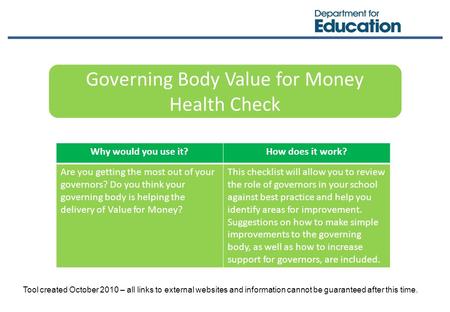 Governing Body Value for Money Health Check