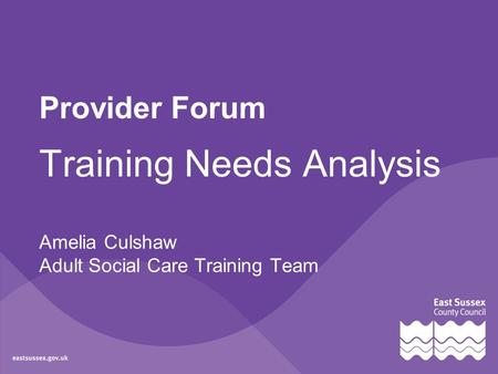 Provider Forum Training Needs Analysis Amelia Culshaw Adult Social Care Training Team.