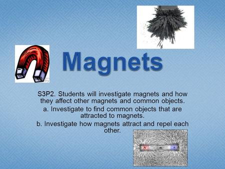 Magnets S3P2. Students will investigate magnets and how they affect other magnets and common objects. a. Investigate to find common objects that are attracted.