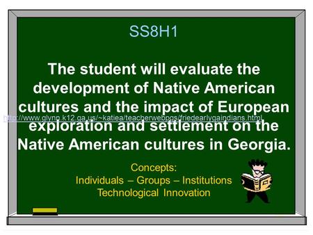 SS8H1 The student will evaluate the development of Native American cultures and the impact of European exploration and settlement on the Native American.