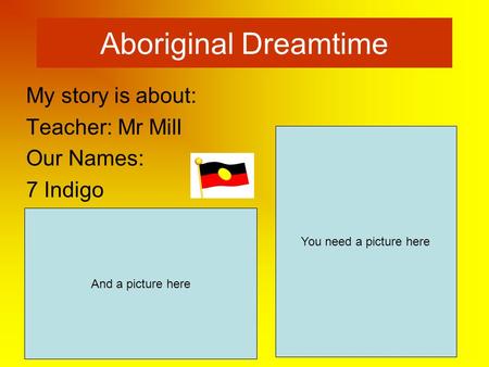 Aboriginal Dreamtime My story is about: Teacher: Mr Mill Our Names: 7 Indigo You need a picture here And a picture here.