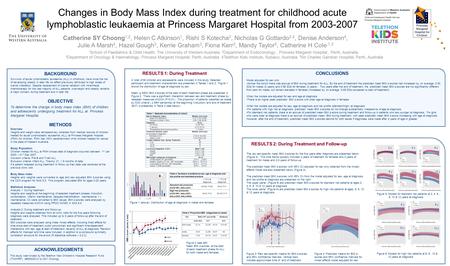 Changes in Body Mass Index during treatment for childhood acute lymphoblastic leukaemia at Princess Margaret Hospital from 2003-2007 Catherine SY Choong.