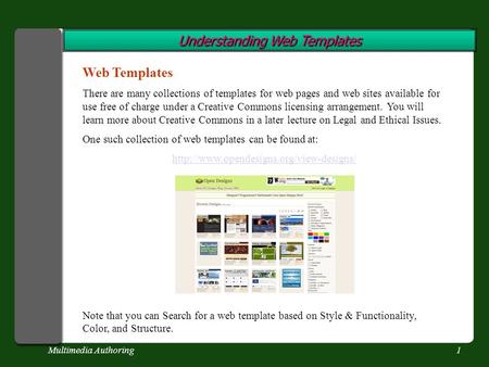 Multimedia Authoring1 Understanding Web Templates Web Templates There are many collections of templates for web pages and web sites available for use free.