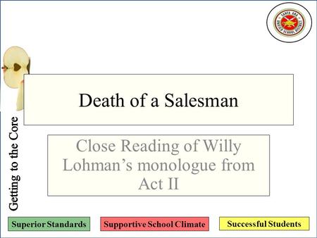 Successful Students Superior StandardsSupportive School Climate Death of a Salesman Close Reading of Willy Lohman’s monologue from Act II.