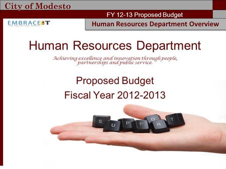 City of Modesto FY 12-13 Proposed Budget Human Resources Department Overview Human Resources Department Achieving excellence and innovation through people,