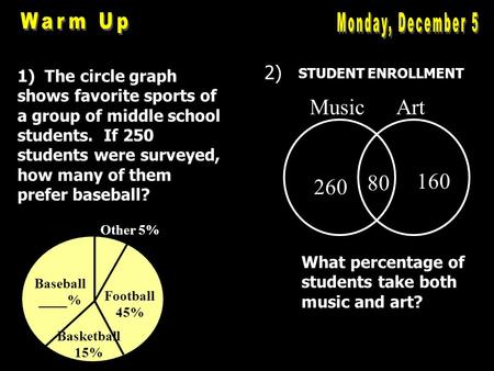 1) The circle graph shows favorite sports of a group of middle school students. If 250 students were surveyed, how many of them prefer baseball? 2) Baseball.