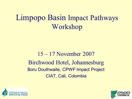 Limpopo Basin Impact Pathways Workshop 15 – 17 November 2007 Birchwood Hotel, Johannesburg Boru Douthwaite, CPWF Impact Project CIAT, Cali, Colombia.