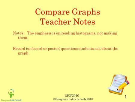 12/3/2010 ©Evergreen Public Schools 2010 1 Compare Graphs Teacher Notes Notes: The emphasis is on reading histograms, not making them. Record (on board.