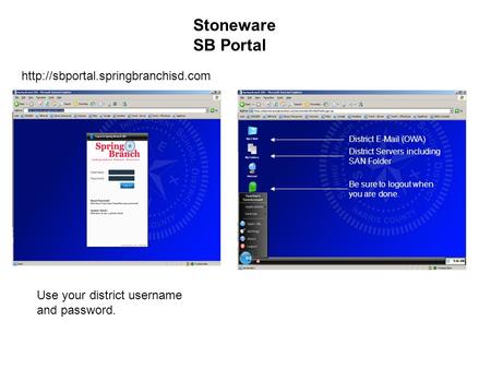 Stoneware SB Portal  Use your district username and password. District  (OWA) District Servers including SAN Folder.