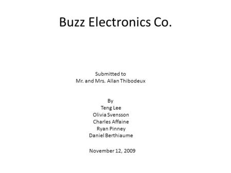 Buzz Electronics Co. November 12, 2009 By Teng Lee Olivia Svensson Charles Affaine Ryan Pinney Daniel Berthiaume Submitted to Mr. and Mrs. Allan Thibodeux.
