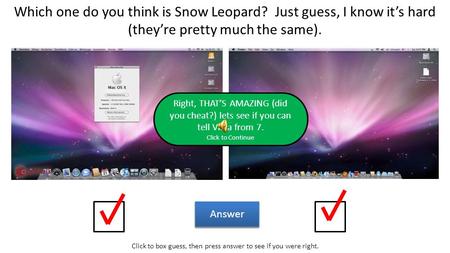 Which one do you think is Snow Leopard? Just guess, I know it’s hard (they’re pretty much the same). Click to box guess, then press answer to see if you.