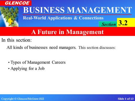 In this section: All kinds of businesses need managers. This section discusses: Types of Management Careers Applying for a Job.