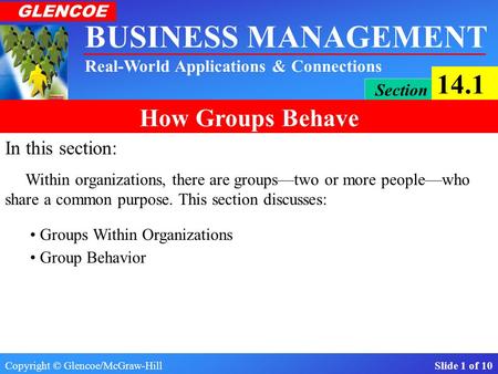 Copyright © Glencoe/McGraw-Hill Slide 1 of 10 BUSINESS MANAGEMENT Real-World Applications & Connections GLENCOE Section 14.1 How Groups Behave In this.