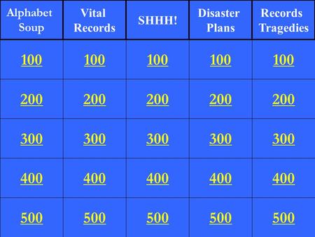 200 300 400 500 100 200 300 400 500 100 200 300 400 500 100 200 300 400 500 100 200 300 400 500 100 Alphabet Soup Vital Records SHHH! Disaster Plans Records.